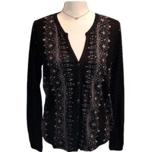 Lucky Brand Black Long Sleeve Floral & Dotted Top